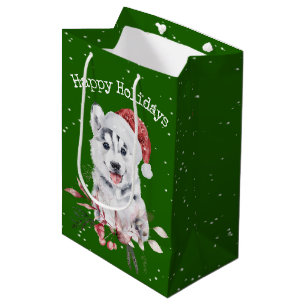 Sacola Para Presentes Média Husky de Natal em Saco de Presente Verde Médio