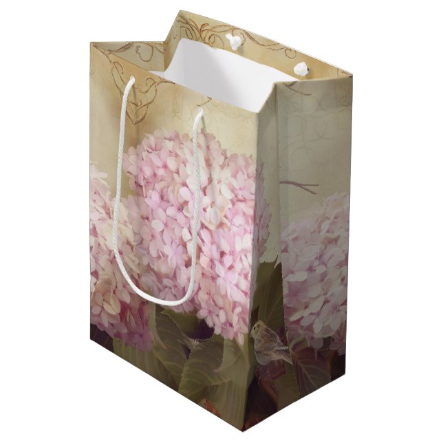 Sacola Para Presentes Média Hydrangea branquela cor-de-rosa Dourada (Frente inclinada)
