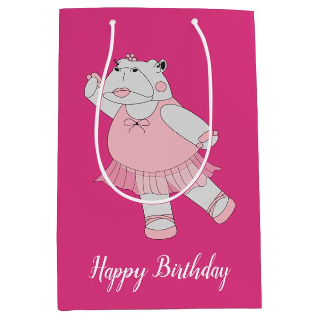 Sacola Para Presentes Média Illusima Ballerina Hippo Rosa com Texto (Frente)