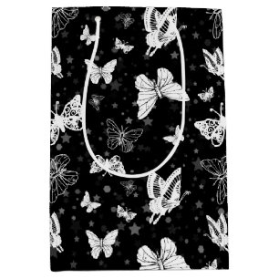 Sacola Para Presentes Média Ilustração de Borboleta Preto e Branco Padrão de D