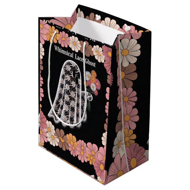 Sacola Para Presentes Média Ilustração do Fantasma do Lace Whimsical com Flora (Verso inclinado)