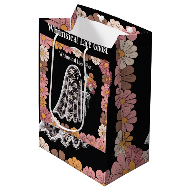 Sacola Para Presentes Média Ilustração do Fantasma do Lace Whimsical com Flora (Frente inclinada)