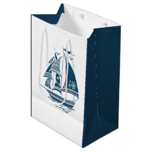 Sacola Para Presentes Média Ilustração Náutica Da Navegação Eólica Azul-marinh