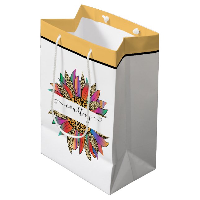 Sacola Para Presentes Média Impressão arco-íris e leopardo personalizada (Frente inclinada)