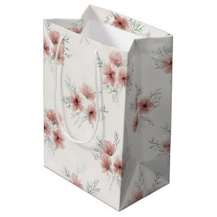 Sacola Para Presentes Média Impressão Botânica de Flores Silvestres Rosa Cotta