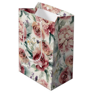 Sacola Para Presentes Média Impressão Botânica Extra Grande Rosas Rosadas Peôn