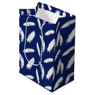 Sacola Para Presentes Média Impressão da pena branca em azul escuro