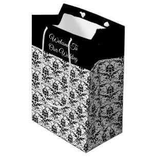 Sacola Para Presentes Média Impressão de Damasco Preto e Branco - Saco de Pre