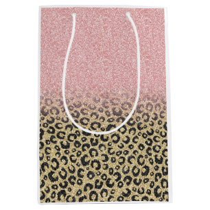 Sacola Para Presentes Média Impressão de Leopardo Preto Glitter Dourado Elega