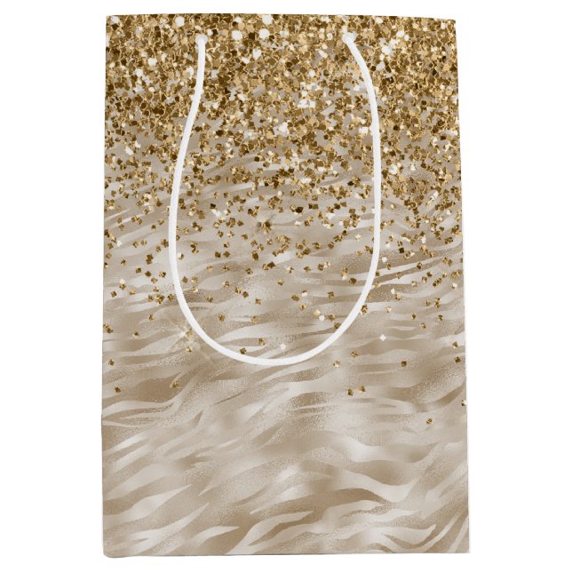 Sacola Para Presentes Média Impressão de Zebra - Falsa Glitter Dourada (Frente)