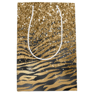 Sacola Para Presentes Média Impressão de Zebra Minúscula Glitzy Preta Dourada