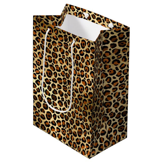 Sacola Para Presentes Média Impressão Dourada de Leopardo Elegante (Frente inclinada)