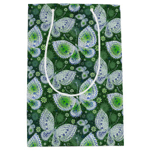 Sacola Para Presentes Média Impressão Verde de Borboleta de Paisley