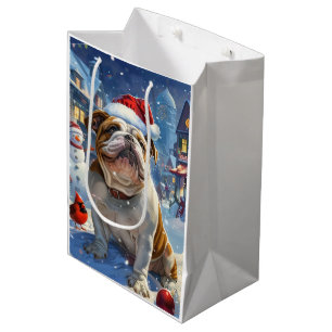 Sacola Para Presentes Média Inglês Bulldog Winter Wonderland Natal Joy