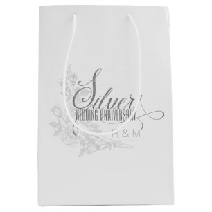 Sacola Para Presentes Média Iniciais de Aniversário de 25 Silver e Rosas Branc
