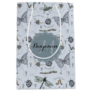 Sacola Para Presentes Média Insetos de Bebê Azul Pastel Moles Boho Crianças e