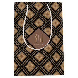 Sacola Para Presentes Média Inspiração Art Déco Dourado Marrom Preto Padrão Ge