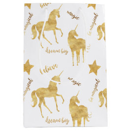 Sacola Para Presentes Média Inspirational Gold Unicorns Stars