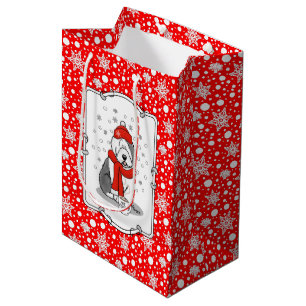 Sacola Para Presentes Média Inverno (Vermelho) Antiga Cinza Inglesa Sheepdog 1