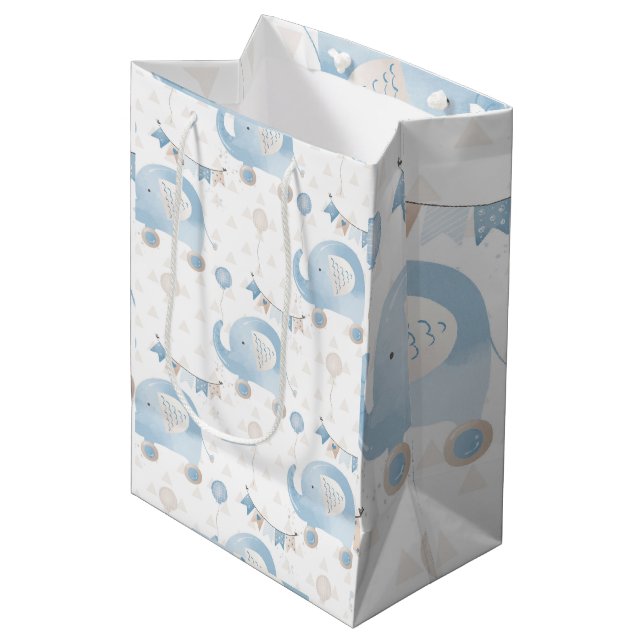Sacola Para Presentes Média Ivory Blue Taupe Elephants Balões Baby Boy Gift (Frente inclinada)