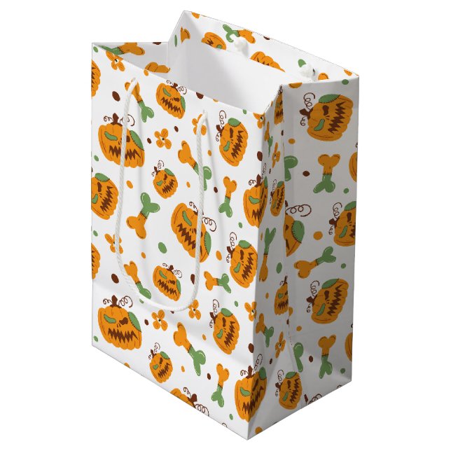 Sacola Para Presentes Média Jack-o-Lanterna e Ossos Louco Halloween (Frente inclinada)