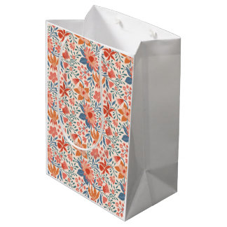 Sacola Para Presentes Média Jardim Coral e Turquesa Floresce sobre Bege Suave
