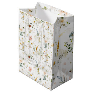 Sacola Para Presentes Média Jardim de Flores Silvestres em Aquarela Elegante