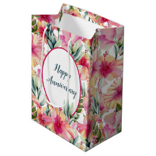 Sacola Para Presentes Média Jardim de Hibiscos de Aniversário