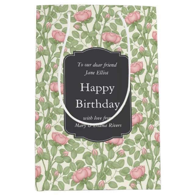 Sacola Para Presentes Média Jardim de Rosas Encantado Marfim Personalizado (Frente)