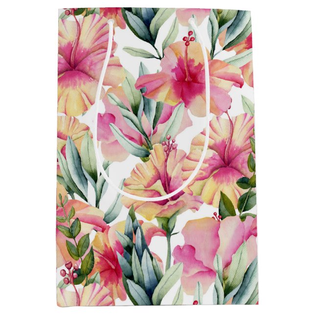 Sacola Para Presentes Média Jardim de Verão de Hibiscus (Frente)