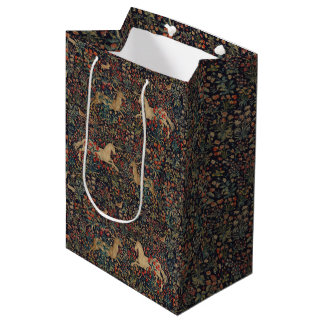 Sacola Para Presentes Média Jardim Floral de Unicórnio Medieval à Meia-Noite