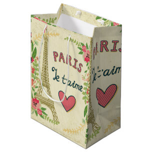 Sacola Para Presentes Média je t'aime,paris,vintage,eiffeltower,coração,flor