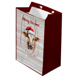 Sacola Para Presentes Média Jersey Cow Barn Wood "Moory Christmas"