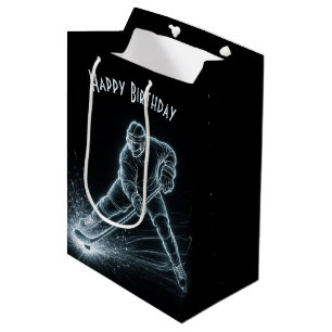 Sacola Para Presentes Média Jogador de Hóquei Neon de Aniversário no Gelo