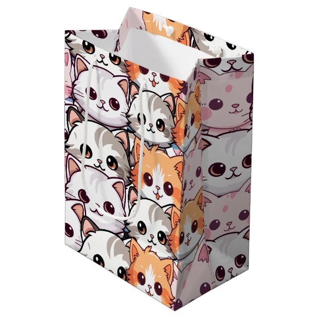 Sacola Para Presentes Média Kawaii Cat feline Kitten rosto rabisco impressão (Frente inclinada)
