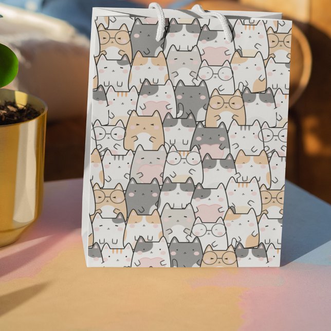 Sacola Para Presentes Média Kawaii Cute Cats Patterno (Seamless Kawaii Cute Cats Pattern Medium Gift Bag)