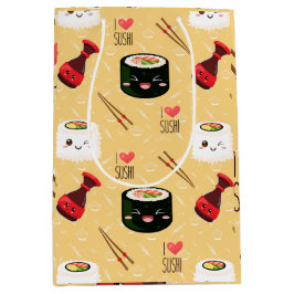Sacola Para Presentes Média Kawaii Sushi Padrão Amarelo claro