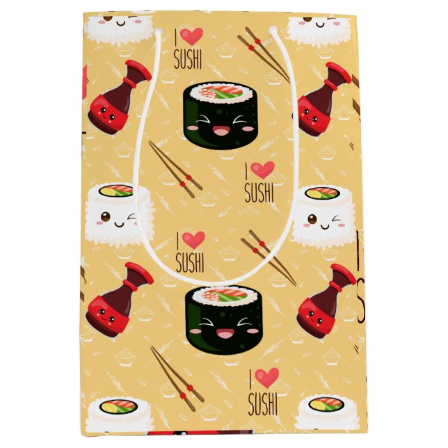 Sacola Para Presentes Média Kawaii Sushi Padrão Amarelo claro (Frente)