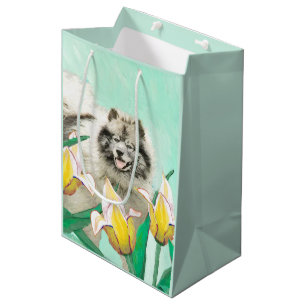 Sacola Para Presentes Média Keeshond em Tulips pintando lindas artes caninas o