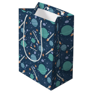 Sacola Para Presentes Média Kids Rocket Ship Jupiter Saturn Planet Stars