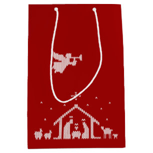 Sacola Para Presentes Média Knit Natividade Cena de Natal Cristã Branco