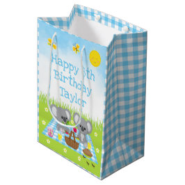 Sacola Para Presentes Média Koala Bears Picnic Blue Gingham Parabéns