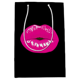 Sacola Para Presentes Média Lábios brilhantes rosa-quente em preto