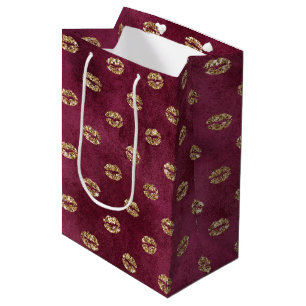 Sacola Para Presentes Média Lábios de Burgundy Dourada Glitter