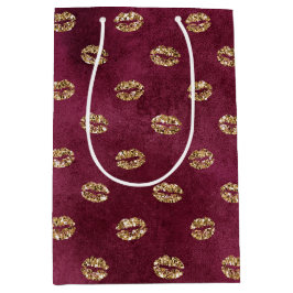 Sacola Para Presentes Média Lábios de Burgundy Dourada Glitter