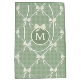 Sacola Para Presentes Média Laços Coquette Gingham Monograma Creme Verde Sage 