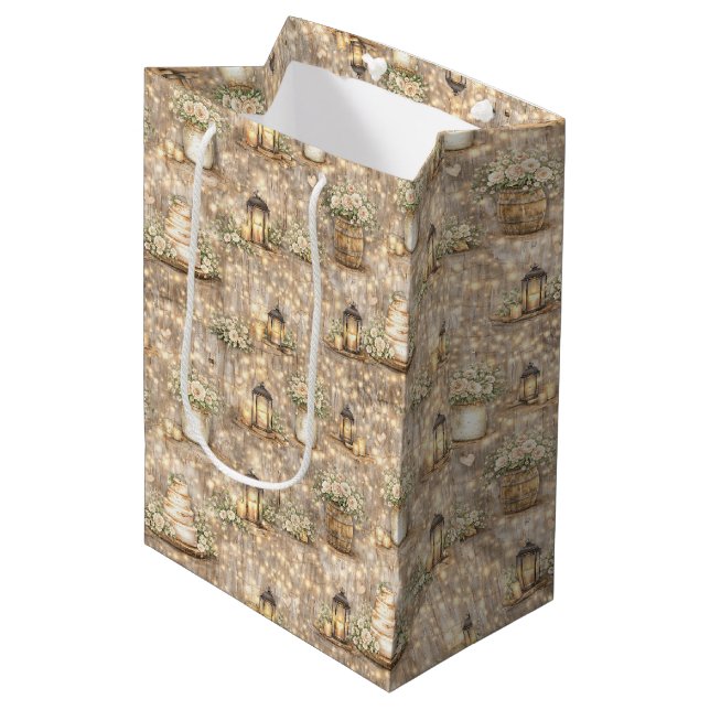 Sacola Para Presentes Média Lanterns de Água-forte Rústicos para Casamento com (Frente inclinada)