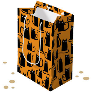 Sacola Para Presentes Média Laranja de Gato Preto do Dia das Bruxas