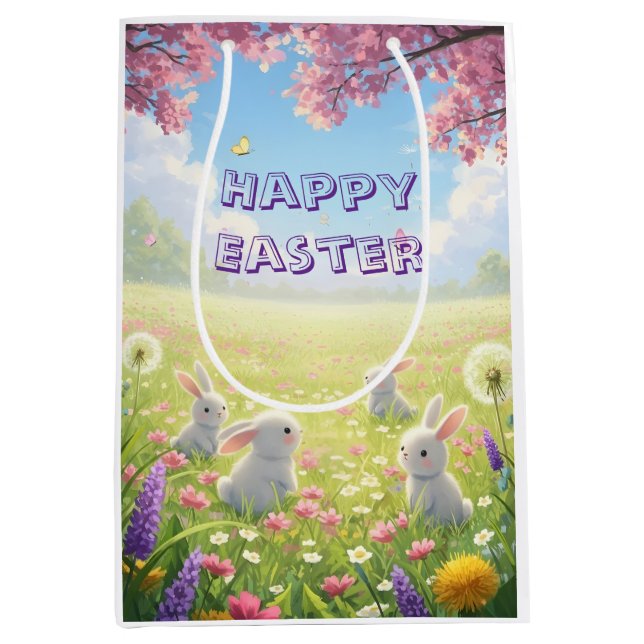 Sacola Para Presentes Média Lavender Easter Cute White Bunny Floral Spring  (Frente)