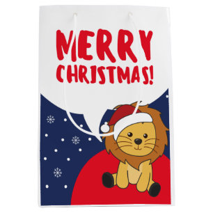 Sacola Para Presentes Média Leão de Natal Neve Fresca Animais de inverno Leões